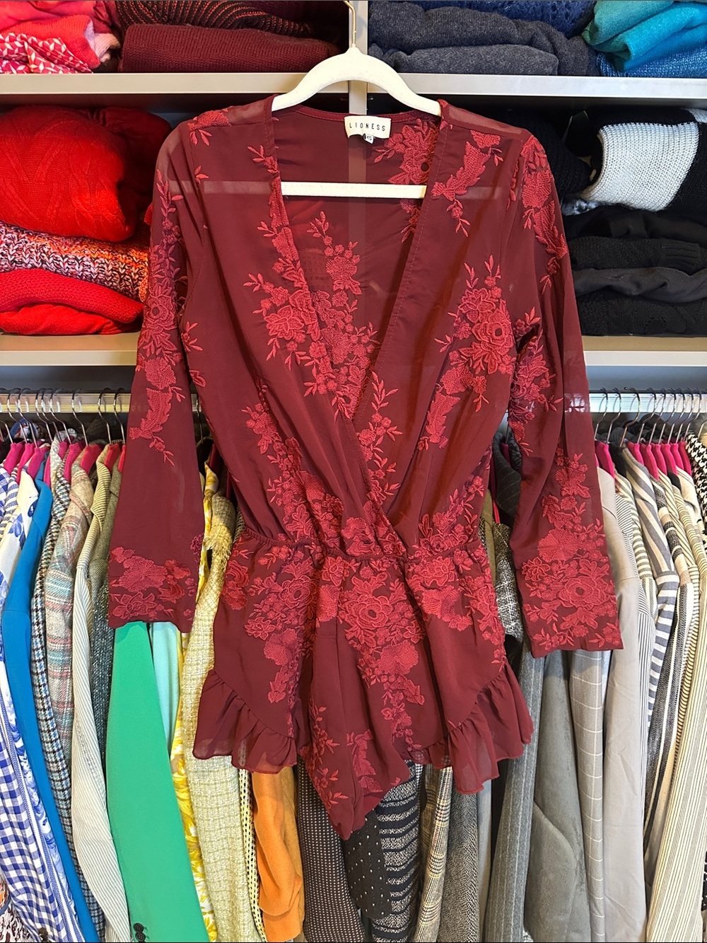 Lioness maroon embroidered semi sheer long sleeve elastic waistband romper S